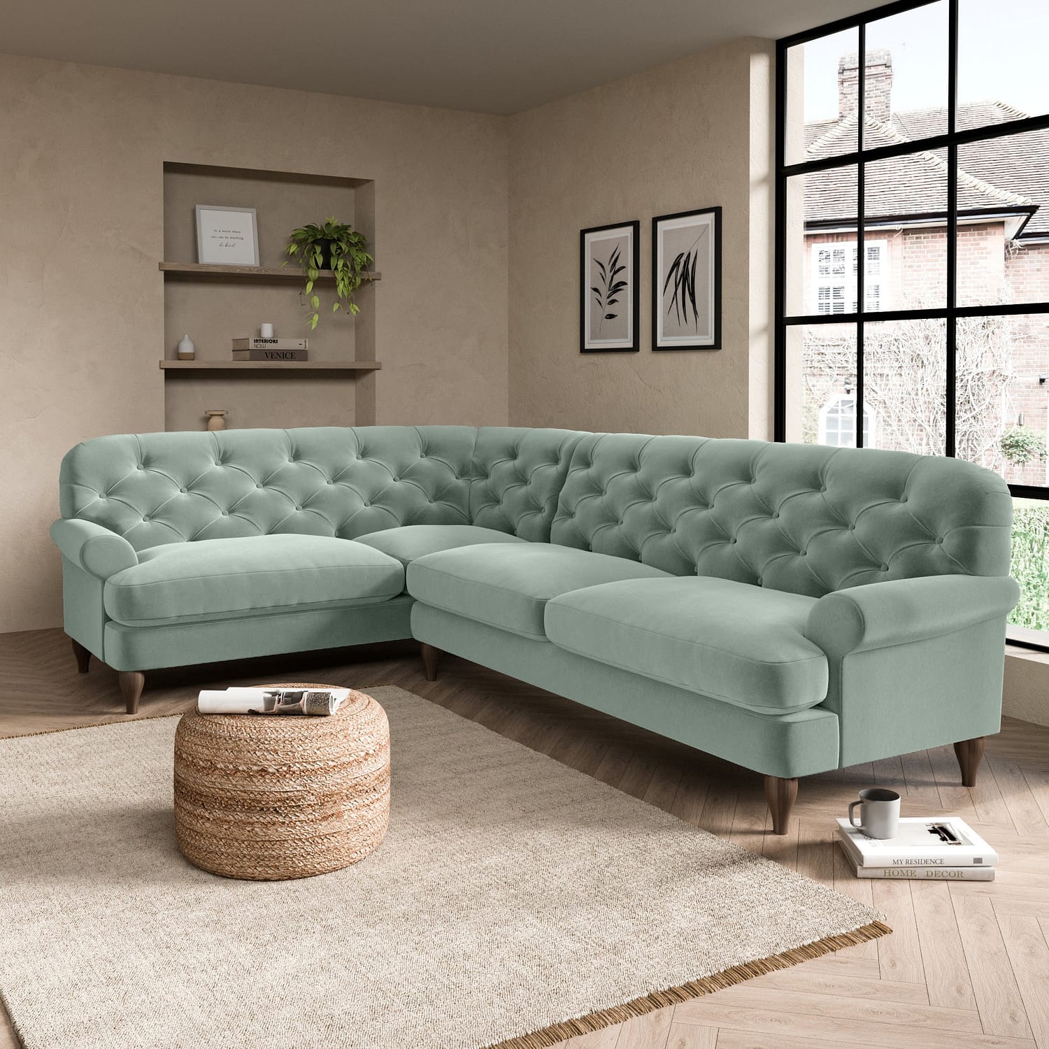 Canterbury Luxury Velvet Left Hand Corner Sofa Green