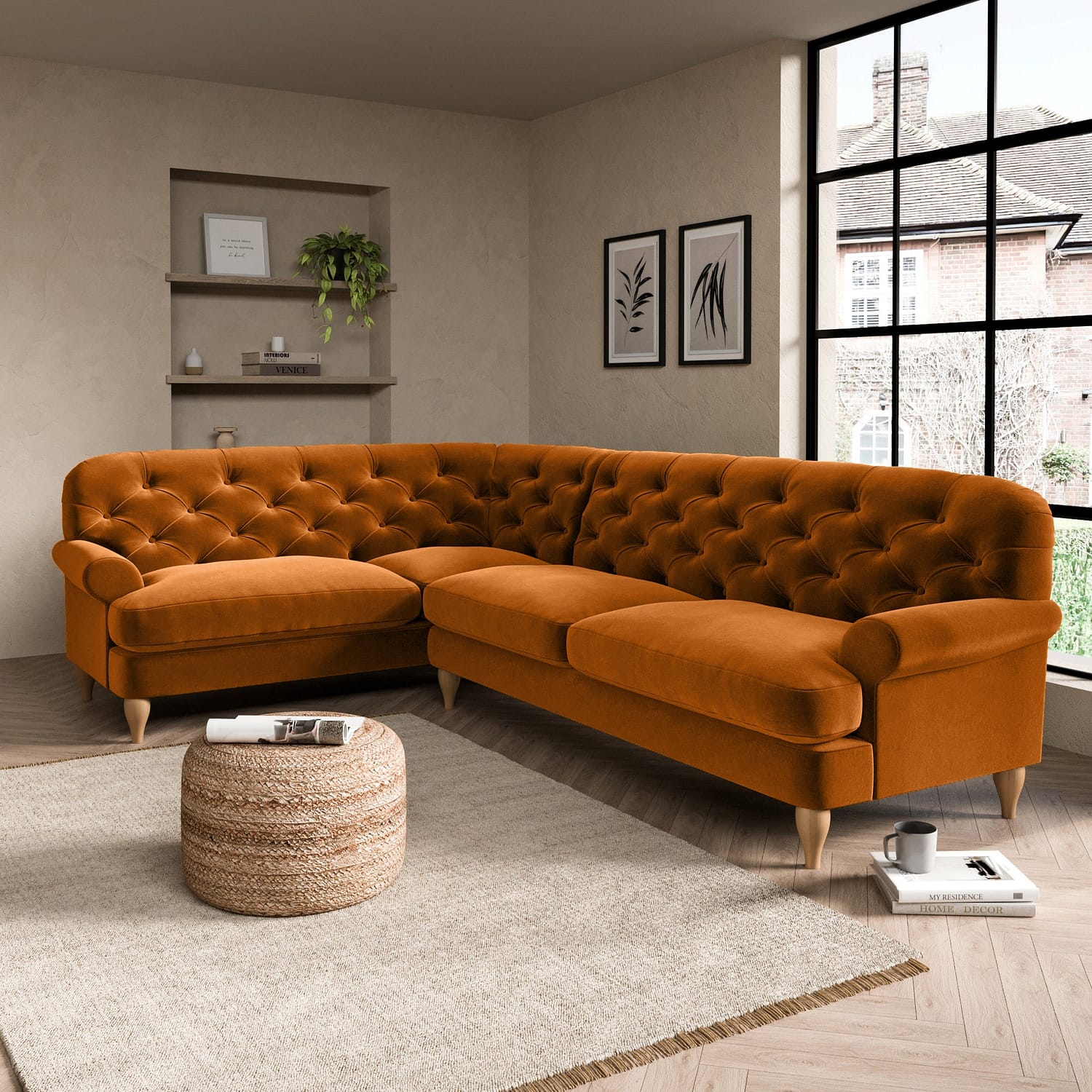 Canterbury Luxury Velvet Left Hand Corner Sofa Luxury Velvet Orange Umber