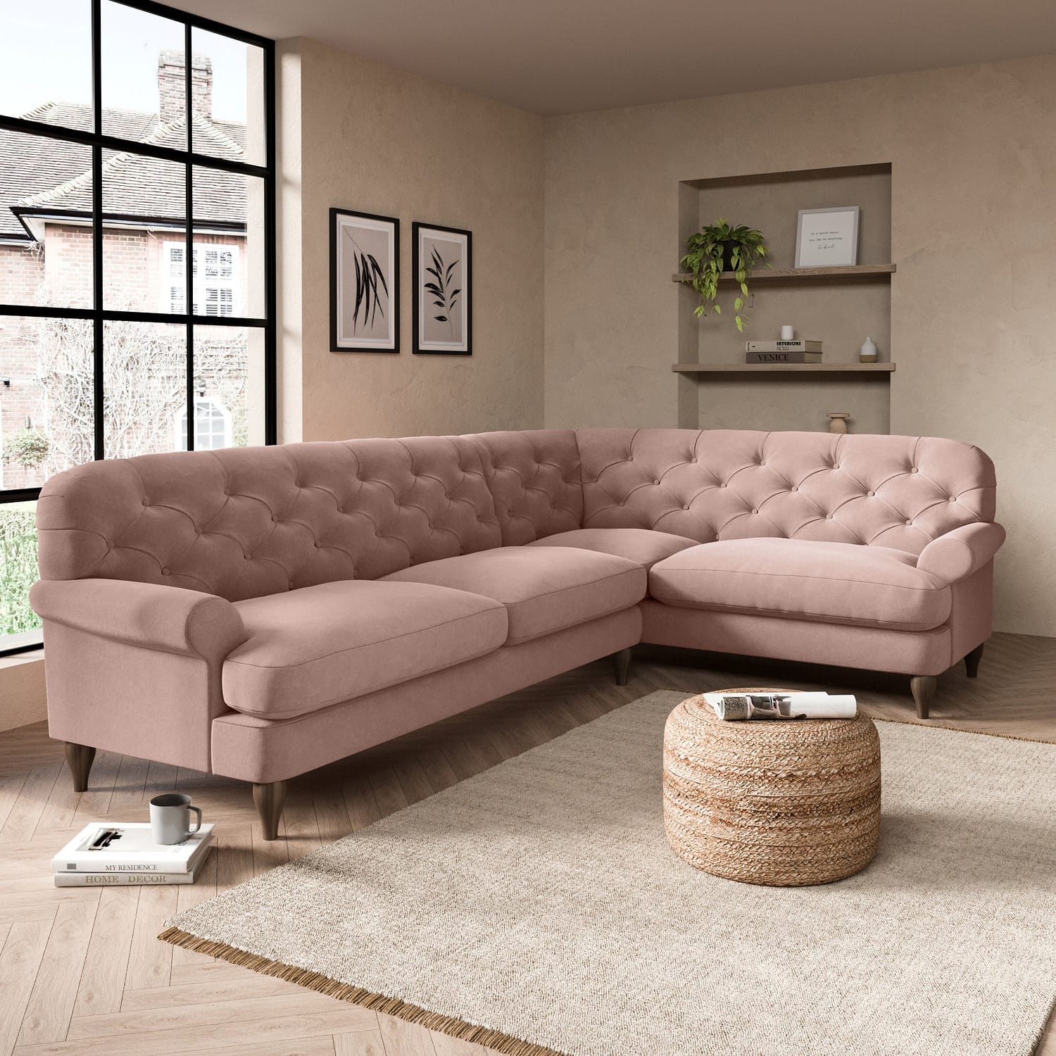 Canterbury Luxury Velvet Right Hand Corner Sofa Blush
