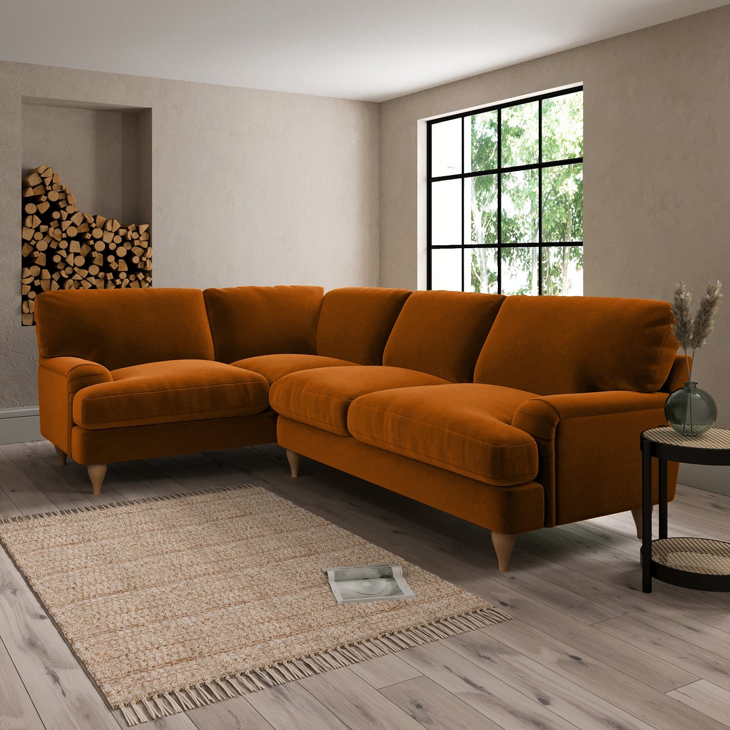 Darwin Luxury Velvet Left Hand Corner Sofa Luxury Velvet Orange Umber