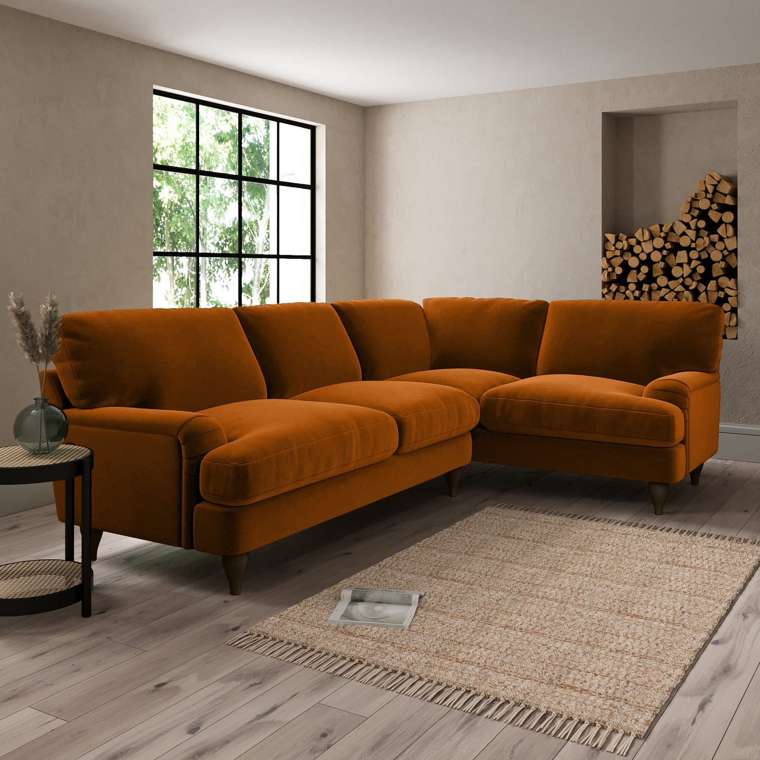 Darwin Luxury Velvet Right Hand Corner Sofa Luxury Velvet Orange Umber